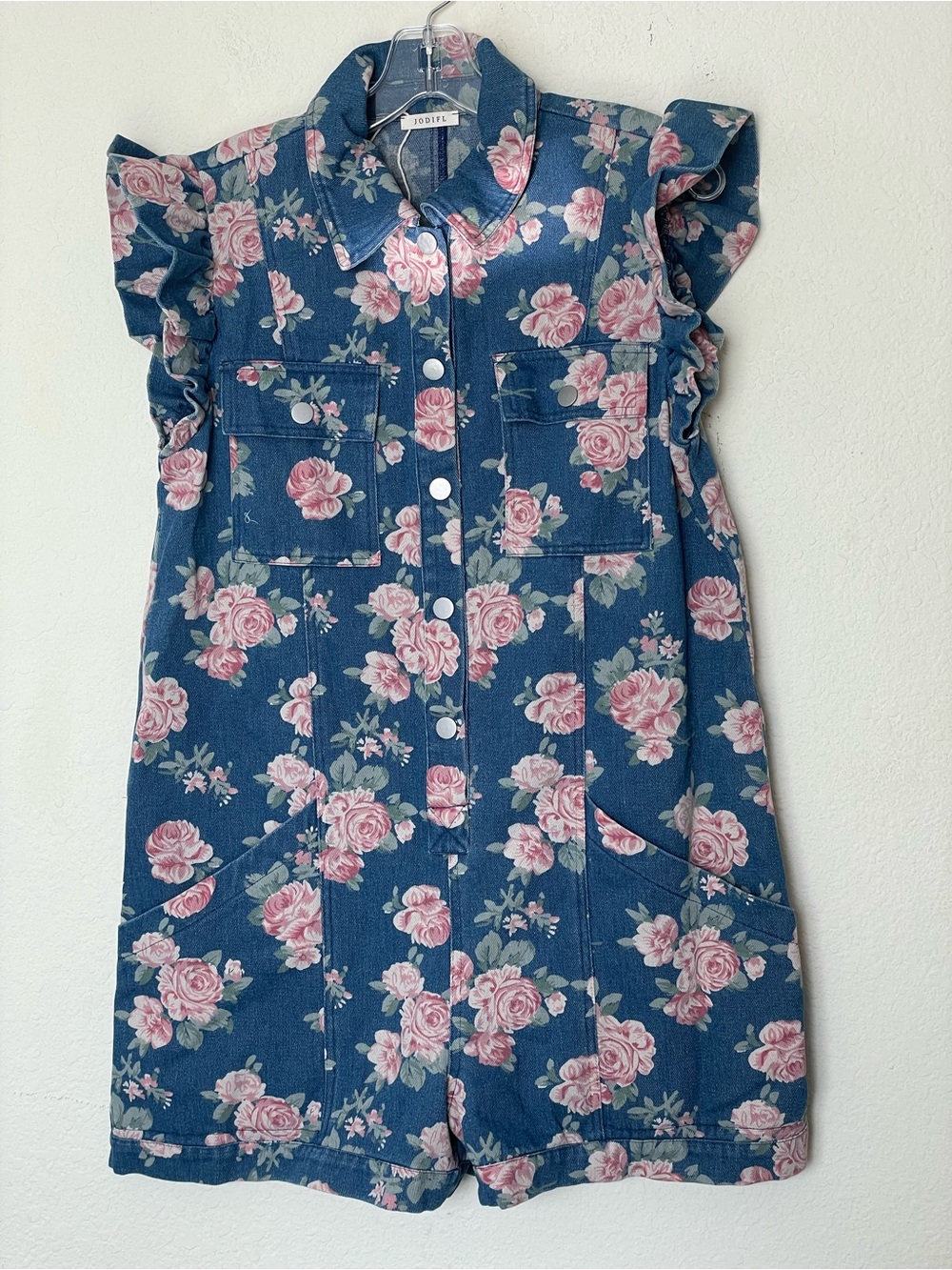 Floral Ruffle Sleeve Denim Romper - Blue with Pink Roses